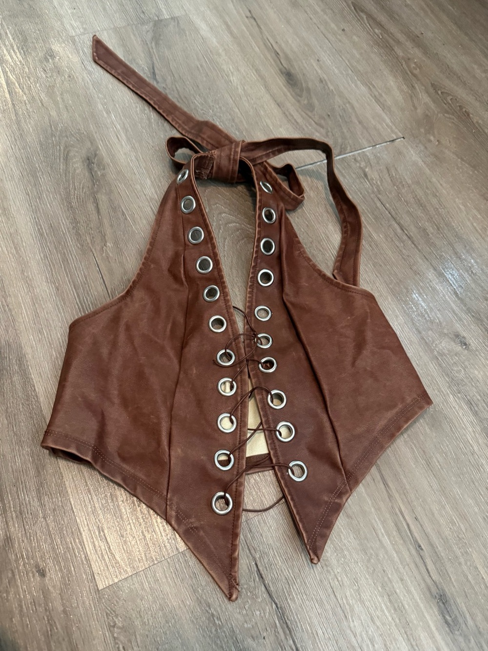 Faux-Leather Lace-Up Halter Vest Top Brown size large